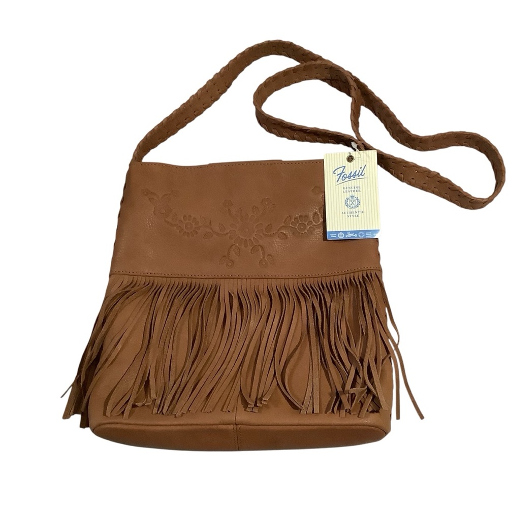 Fossil Vintage Tan Leather Saddle Fringe Bag Top Opening - Picture 5 of 11